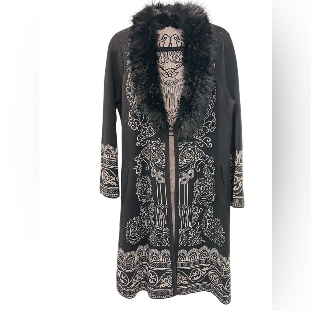 Chico’s Faux Fur Collar Sparkled Scroll Design Long Duster Cardigan